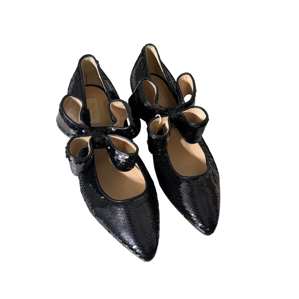 Polly Plume Bonnie Black Sequin Pointed Toe Bow Flat Made in Italy Size 40 Women - Picture 2 of 8
